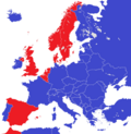 Carta dei regims politics en Euròpa en 2015 (republicas en blau, monarquias en roge).