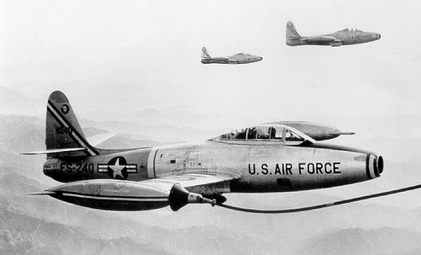 F-84G-25-RE Thunderjet serial 52-3249 of the 9th Fighter-Bomber Squadron being refueled over Korea, 1953