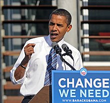 Frere-Jones' typeface Gotham became well known for use by the Obama 2008 presidential campaign. Final pre-election visit by Barack Obama to Iowa. (2989469431).jpg