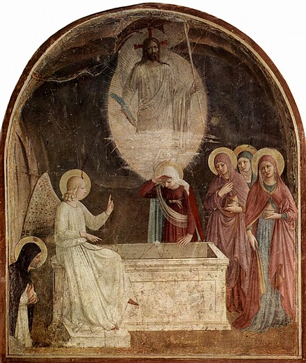 Sebuah fresko (gambar dinding) yang menggambarkan kisah kebangkitan; karya Fra Angelico, di Florence, Italia.