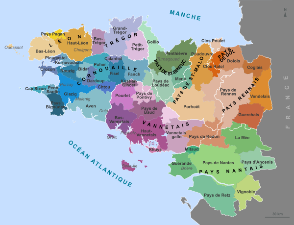 A French map of the traditional regions of Brittany in Ancien Régime France. The earlier state of Domnonia or Domnonée that united Brittany comprised the counties along the north coast