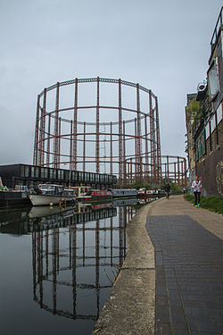 Gasometer, and Regent's Canal, Hackney, London, part of Grand Union Canal