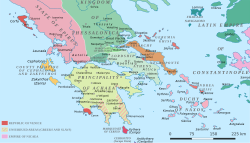 1210年、南ギリシャにおけるアテネ公国とその他のラテン系・ギリシャ系諸国の支配領域を示した地図