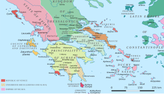 Mappa che mostra la distribuzione della regione egea tra i Franchi e gli stati successori bizantini intorno al 1210.