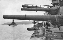 15-inch guns of 'A' and 'B' turrets trained to starboard, 6-inch guns in casemates below, c. 1920 HMS Malaya guns.jpg