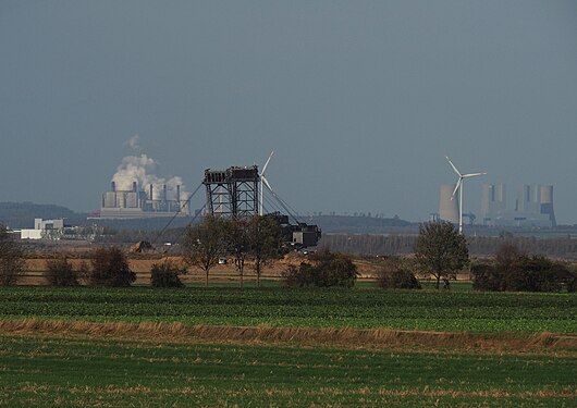 Niederaußern and Neurath lignite-fired power plants behind Hambach open cast lignite mine, Germany