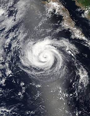 A satellite photo of Hurricane Howard off the coast of the Baja California peninsula on August 8, 2022.