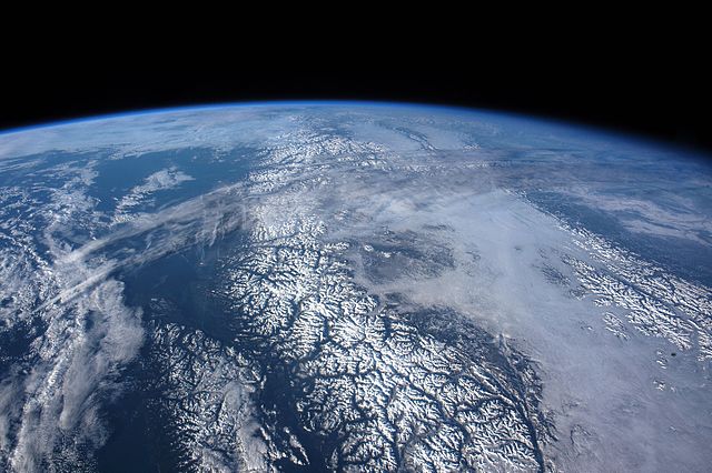 Coast Mountains taken from the International Space Station from outer space, the Canadian Rockies can be seen at the right