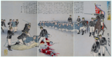 Japanese illustration depicting the beheading of Chinese captives during the First Sino-Japanese War of 1894-5 Illustration of the Decapitation of Violent Chinese Soldiers by Utagawa Kokunimasa 1894.png