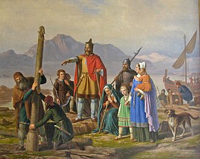 A (1850) depiction of the first medieval settlers arriving in Iceland Ingolf by Raadsig.jpg