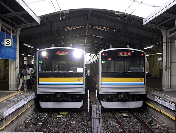 Two Tsurumi Line 205-1100 series trains at Tsurumi Station, May 2006