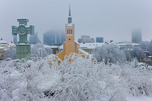 Talvine vaade Harjumäelt Vabadussambale ja Jaani kirikule