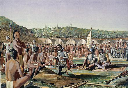 Jacques Cartier at Hochelaga. Arriving in 1535, Cartier was the first European to visit the area.