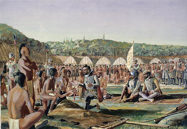 Watercolour showing Jacques Cartier visiting the village of Hochelaga on 3 October 1535 (Lawrence Batchelor; circa 1933).