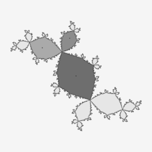 Attracting period-3 cycle and its immediate basin of attraction for a certain parametrization of the Julia set, which iterates the function f(z) = z + c. The three darkest points are the points of the 3-cycle, which lead to each other in sequence, and iteration from any point in the basin of attraction leads to (usually asymptotic) convergence to this sequence of three points. Julia immediate basin 1 3.png