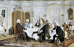 Image 3A painting of the influential modern philosopher Immanuel Kant (in the blue coat) with his friends. Other figures include Christian Jakob Kraus, Johann Georg Hamann, Theodor Gottlieb von Hippel and Karl Gottfried Hagen (from Philosophy)