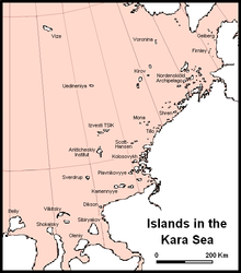 Main islands and island groups in the central and eastern regions of the Kara Sea. Kara Sea islands.PNG