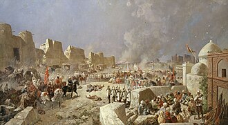 Russian troops taking Samarkand in 1868, by Nikolay Karazin. KarazinNN VstRusVoyskGRM.jpg