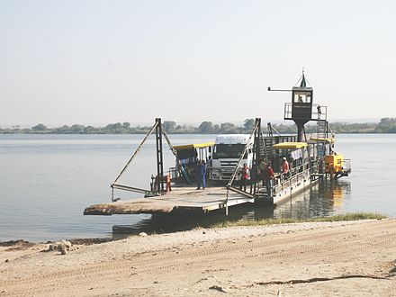 A pontoon ferry crossing the Zambezi at Kazungula KazungulaFerry.jpg