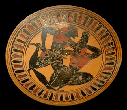Theseus kills the Minotaur, tondo inside a lip cup by an unknown painter. Ca. 550/540 BC, now in the Louvre, Paris