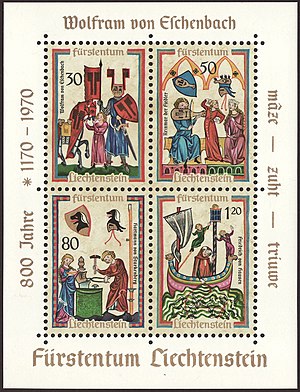 Liechtenstein miniature sheet with four stamps "Illustrations of the Codex Manesse - 800th Anniversary of Wolfram von Eschenbach" (1970) LIE 1970 MiNrBl008 mt B002 800dpi.jpg