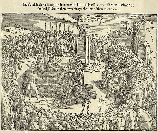 Woodcut from John Foxe's Actes and Monuments depicting the burning of Hugh Latimer and Nicholas Ridley in 1555