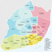 Karte mit den ehemaligen 53 Stadtgemeinden (freguesias) und 4 Bezirken (bairros)