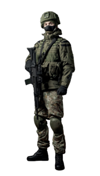Воин-доброволец в полном боевом обмундировании сухопутных сил одетый в стандартную современную "M2011" форму образца 2018 года.