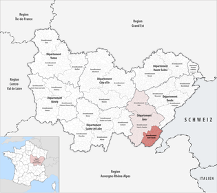 圣克洛德区在勃艮第-弗朗什-孔泰大区与汝拉省的位置