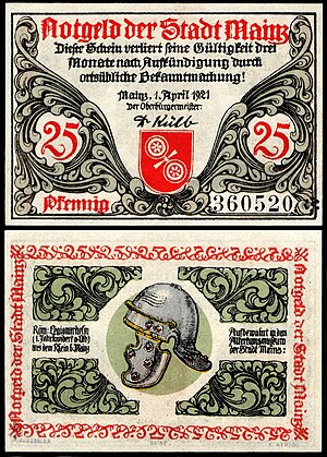 25 Pfennig Notgeld (emergency money) banknote, City of Mainz, Germany, 1921, RV: Roman legionary helmet found in the Rhine near Mainz