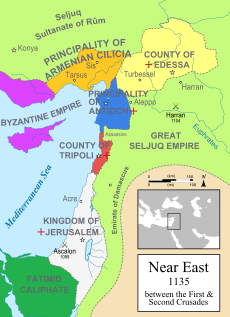 The Kingdom of Jerusalem and the Crusader states with their strongholds in the Holy Land at their height, between the First and the Second Crusade (1135) Map Crusader states 1135-en.svg