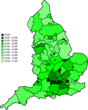 A map of England divided by the average GVA per capita in 2007 showing the distribution of wealth Map of NUTS 3 areas in England by GVA per capita (2007).png