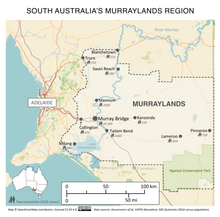 The Murraylands region takes its name from the River Murray, which runs through it for 200 kilometres (120 miles) Map of the Murraylands region of South Australia.png