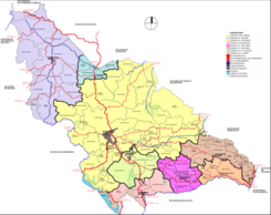 Mappa di Santa Rosa de Osos con fiumi, distretti, percorsi e limiti.png