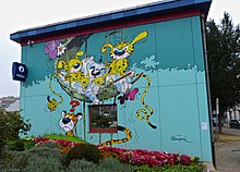 A wall painting in Brussels, Belgium, depicting the Marsupilami family from Le nid des Marsupilamis