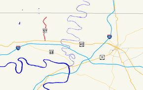 Eine Karte des zentralen Washington County, Maryland, die Hauptstraßen zeigt. Die Maryland Route 57 verläuft nordsüdwestlich von Conococheague Creek.