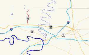 Peta dari pusat Washington County, Maryland menunjukkan jalan-jalan utama. Maryland Rute 57 membentang utara-selatan di sebelah barat Conococheague Creek.