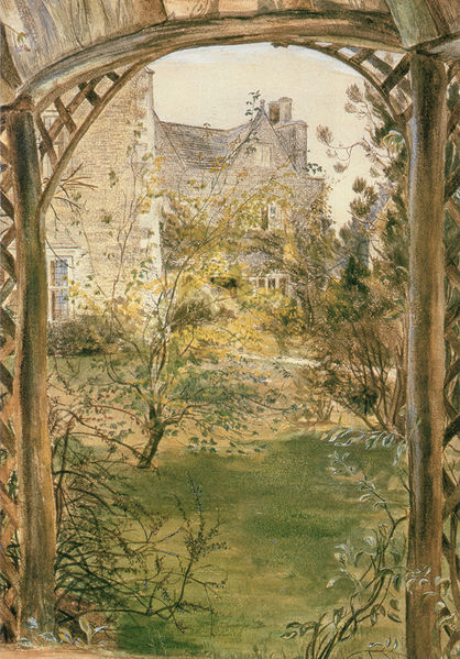 Kelmscott Manor, by May Morris. Wikimedia Commons: Scanned from Pamela Todd, Pre-Raphaelites at Home, Watson-Guptill, 2001