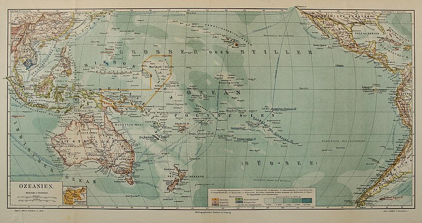 A German map of Oceania from 1884, showing the region to encompass Australia and all islands between Asia and Latin America