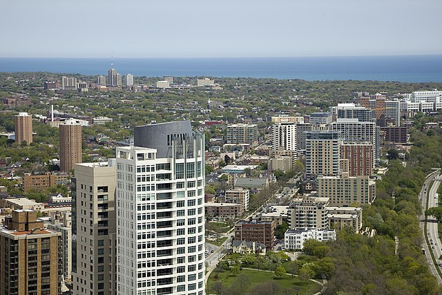 UWM campus (background, upper left) and East Milwaukee