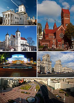 Pemandangan kota Minsk. Searah jarum jam: Gereja Merah, Alun-Alun Stasiun, Alun-Alun Kemerdekaan, Opera dan Balet Nasional Belarus, Gereja Santo Petrus dan Paulus, Balai Kota Minsk