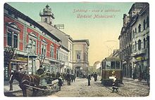 Szechenyi street, between 1897 and 1910. At left: National Theatre of Miskolc. MiskolcMainStreetOldPic3.jpg