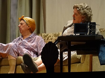Jones and Cleese as housewives in the 2014 reunion. Playing Brian Cohen's mother in Life of Brian, Jones delivered the line, "He's not the Messiah, he's a very naughty boy!".[40]