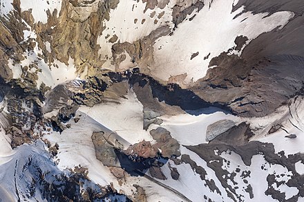 Aerial mosaic photo of summit crater: left is north, the Bergschrunde and Hogsback left of center