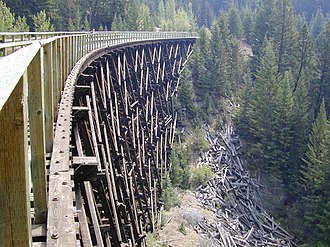 Photograph of Myra Canyon Rail Bridge taken just days before it was destroyed by fire. August, 2003. Myra Canyon Section of the Kettle Valley Railway August 2003.jpg