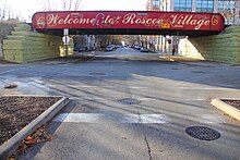 "Welcome to Roscoe Village" Painted Sign on Roscoe at the Train Tracks in 2010 New "Welcome to Roscoe Village" Painted Sign on Roscoe at the Train Tracks.jpg