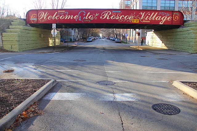 "Welcome to Roscoe Village" Painted Sign on Roscoe at the Train Tracks in 2010
