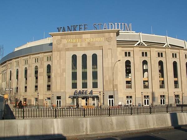 The Indiana limestone exterior, shown in both pictures, at Gate 6 and 4, mirrors that used on the original Yankee Stadium in 1923.