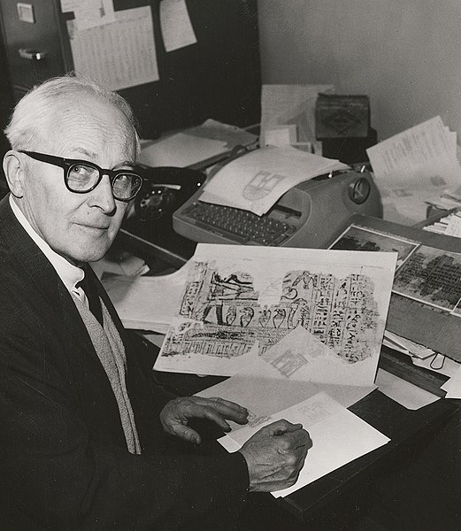 Nibley posing with a copy of Facsimile #1 from the Joseph Smith Papyri, probably in the late 1970s