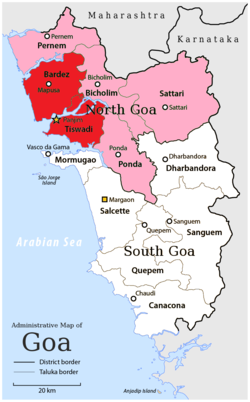 Location of North Goa within Goa Red: Velhas Conquistas regions Pink: Novas Conquistas regions